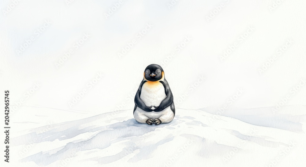 Obraz premium Cute Penguin Meditating in Zen Pose on Snowy Landscape Watercolor Illustration