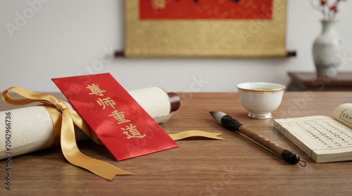 Teachers celebrate with traditional Chinese stationery and decorations on a wooden desk