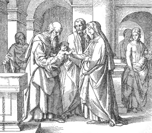 Foto Simeon Recognizes Jesus as the Son of God, elderly Simeon cradling infant Jesus, Joseph and Mary nearby, temple architecture, old vintage illustration, 1899