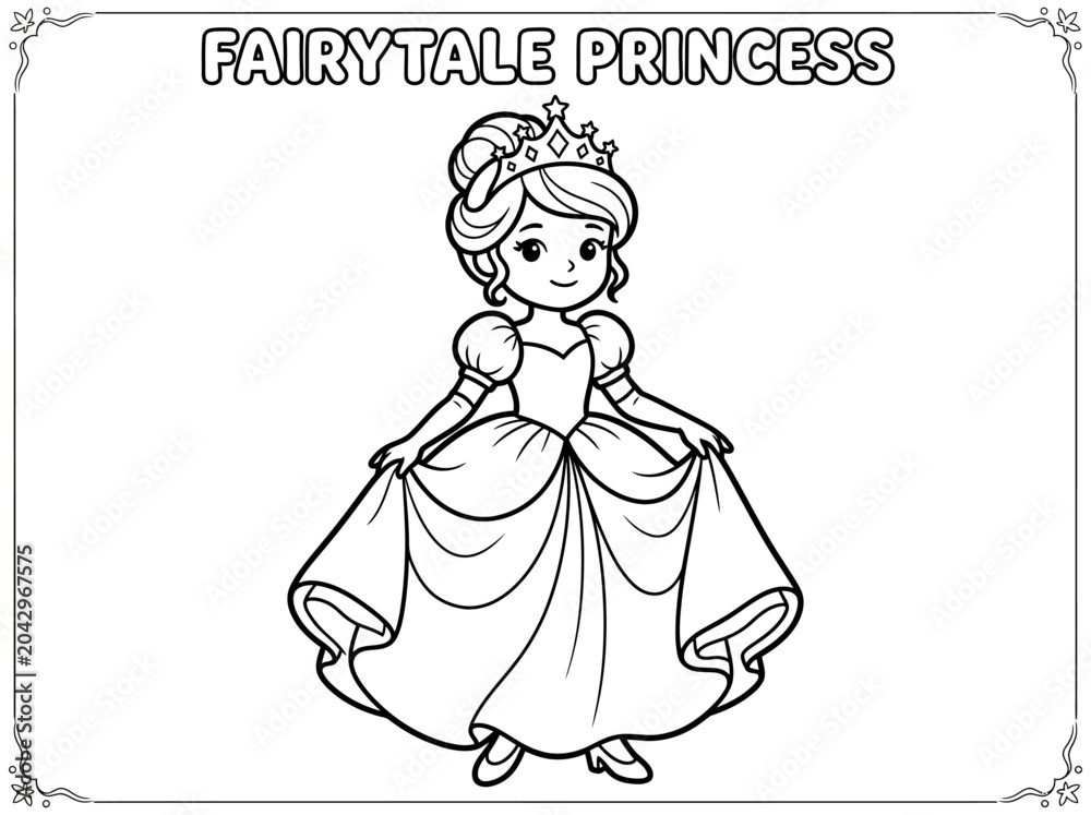 Fototapeta premium Fairytale Princess in Beautiful Gown Coloring Book Page for Kids