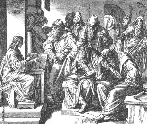 Schilderij op canvas Jesus sitting among temple teachers, animated discussion, scholarly exchange, old vintage illustration, 1899