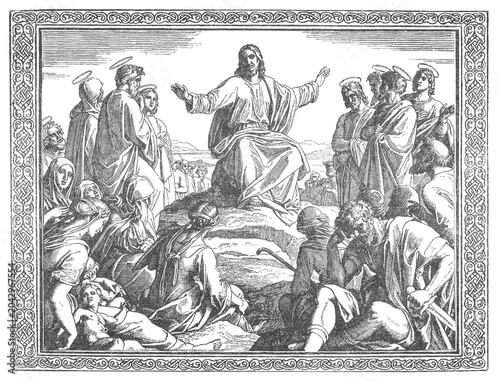 Fotografie Jesus Christ teaching the crowd, surrounded by disciples and followers, ornate border, old vintage illustration, 1899