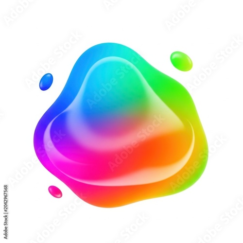 Vibrant rainbow colored liquid blob with glossy surface and small droplets on white background