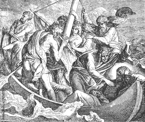 Obraz na plátně Disciples waking Jesus during a storm, boat battling waves and wind, dramatic tension, old vintage illustration, 1899
