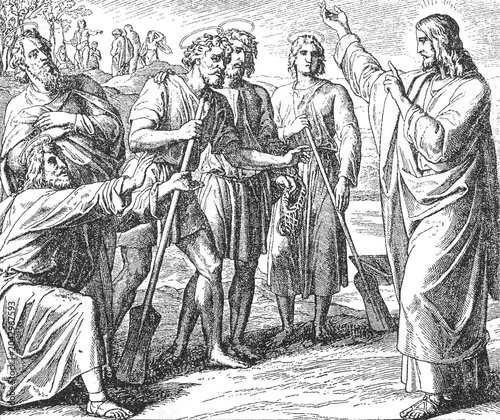 Bild auf Leinwand Jesus choosing his disciples, pastoral setting with fishermen holding nets and tools, old vintage illustration, 1899