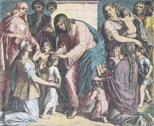 Foto Jesus blessing the children, central figure blessing kneeling children, attentive adults, compassion and reverence, old vintage illustration, 1899