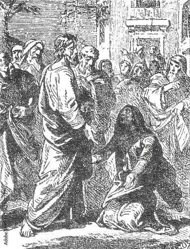 Fotografie Jesus and Zacchaeus in the Sycamore Tree, Crowd with Kneeling Figure Touching Garment, Vintage Biblical Engraving, Old Vintage Illustration, 1899