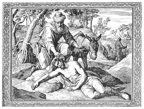 Konstfotografi Good Samaritan bandaging the wounds of a wounded traveler, caring figure kneeling, injured man resting, wilderness backdrop, old vintage illustration, 1899