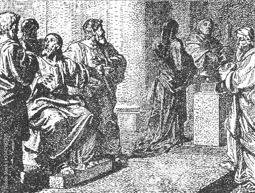 Bild auf Leinwand Lesson of the Widow's Mite, Christ pointing to a poor widow offering two coins, crowd in the temple treasury, old vintage illustration, 1899