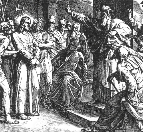 Canvas Print High Priest Questions Jesus, Christ Standing Before Caiaphas, Soldiers and Pharisees in Attendance, Tense Biblical Engraving, Old Vintage Illustration, 1899