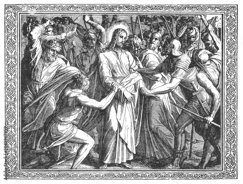 Quadro su tela Jesus Surrounded and Bound by Soldiers, Dramatic Seizure Scene, Vintage Biblical Etching, Old Vintage Illustration, 1899
