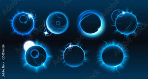 Fotografie Solar and moon eclipse with glowing corona ring, smoke and dramatic light rays, vector set isolated on dark background