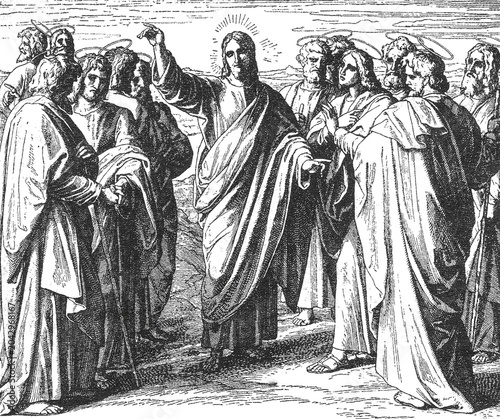 Canvastavla Jesus Christ blessing his disciples, central haloed figure with outstretched hand, apostles gathered around, serene outdoor landscape, old vintage illustration, 1899