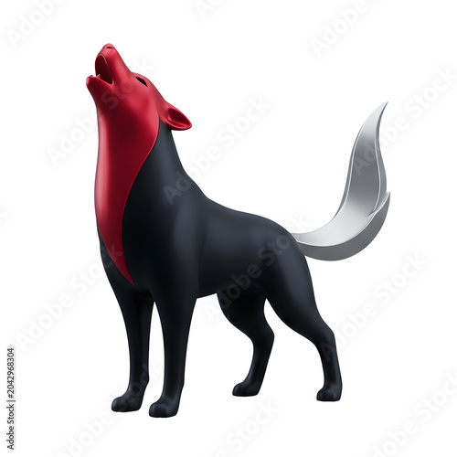 Stylized Wolf Howling with Red and Black Body and Silver Tail