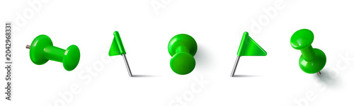 Bild auf Leinwand Green thumbtack pin icons with shadow, 3d realistic vector set isolated on white background