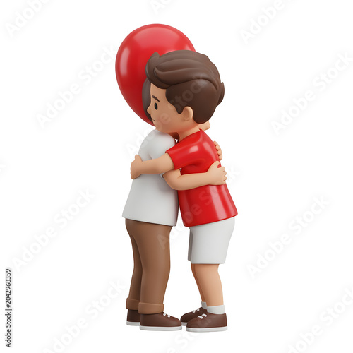 Two cartoon boys hugging with a red balloon