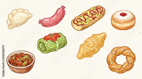 Cuadro en lienzo A collection of delicious and diverse food items, including dumplings, sausage, hot dog, pastry, stuffed cabbage, and more
