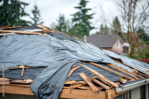 Storm damaged roof covered with protective tarpaulin after severe weather event.
