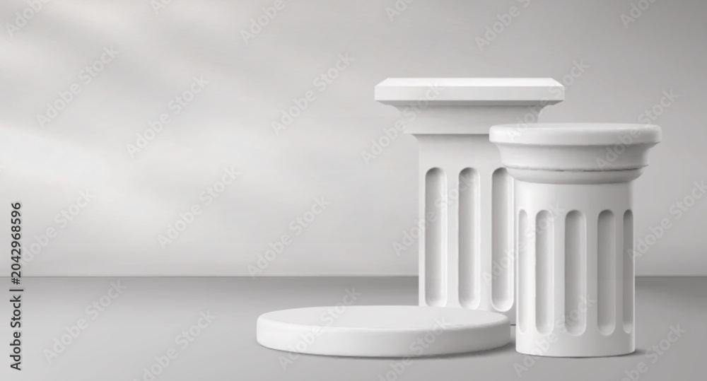 Naklejka premium White marble stone roman podium, classic greek column stand for presentation, 3d realistic vector background. Ancient pillar pedestal for premium product display, museum exhibition, empty round base