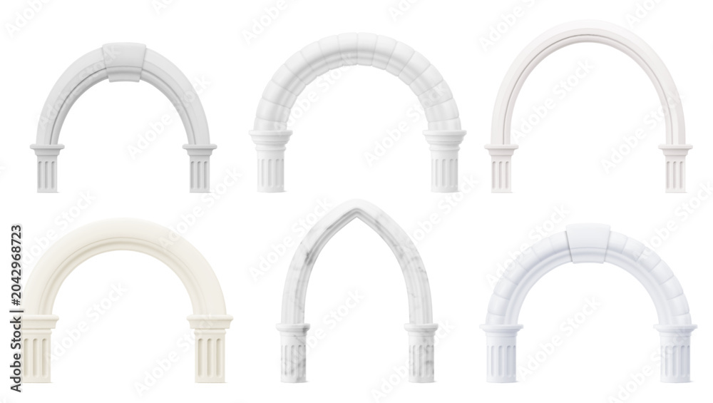 Naklejka premium Ancient Roman arches set isolated on background. Vector realistic illustration of classic white stone columns and pillar details, 3D Greek marble molding gateways, elegant presentation design elements