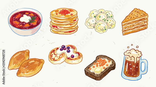 Foto A collection of traditional Russian dishes and drinks, including borscht, blini, pelmeni, and beer