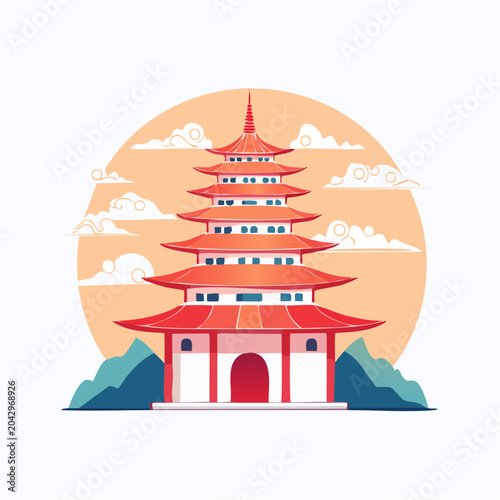 Traditional Pagoda Building with Sun and Clouds