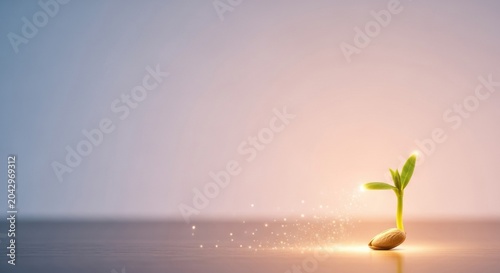 Small green plant sprout emerging from a single seed on a flat surface with glowing light particles trailing behind, minimalist soft pastel gradient background with copy space.