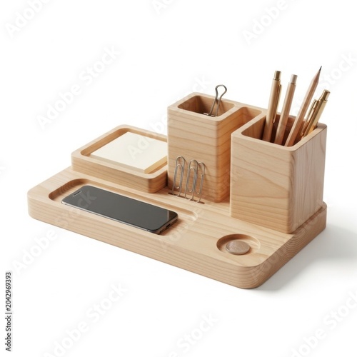 Wooden desk organizer with stationery, smartphone, and pens on a white background