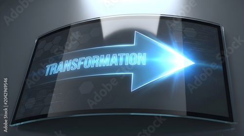 Transformation Journey Forward with Glowing Digital Arrow on Curved Screen