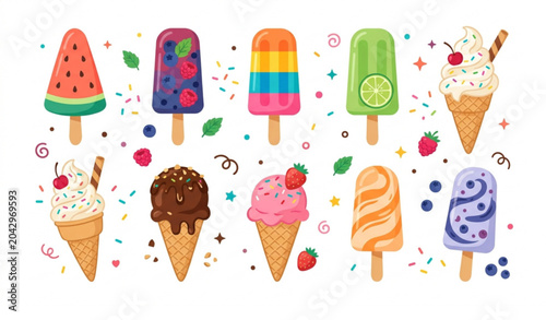 Cute Summer Popsicle and Ice Cream Vector Illustration Set