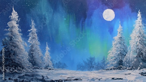 Bright colors fill the sky above snowy trees under a full moon at night in a winter landscape