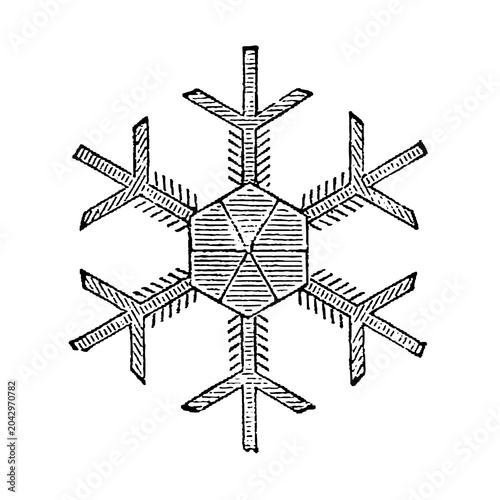 Quadro su tela Snow Formations, Combinations of Radiant Stars with Plate Crystals, symmetrical hexagonal snowflake with geometric linework, old vintage illustration, 1897