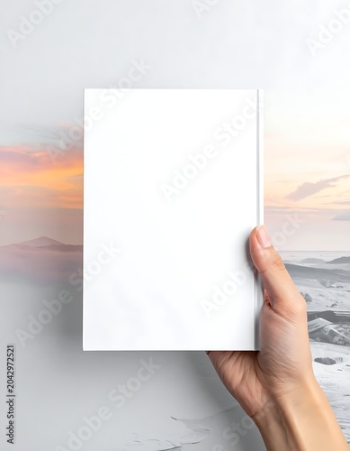 A hand holds a blank white book against a serene beach background
