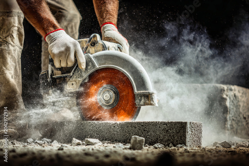 A worker uses a saw to cut a block of material in a construction area. Dust fills the air as the tool makes contact with the surface