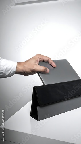 A hand placing a tablet on a stand