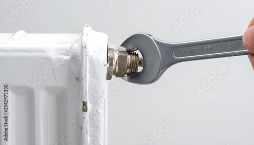 A hand using a wrench on a radiator valve