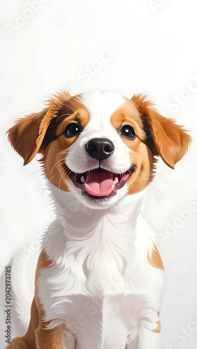 A happy dog with white and brown fur smiles