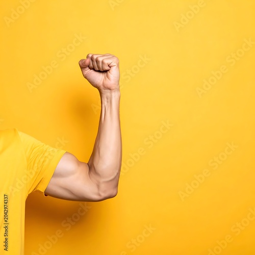 A muscular arm in a yellow shirt flexing