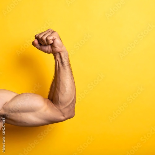 A muscular arm flexed against a vibrant yellow background