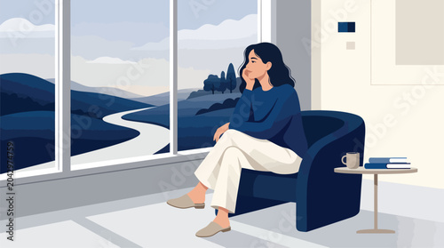 Cuadro en lienzo Woman contemplating future from home office window, looking at serene landscape,