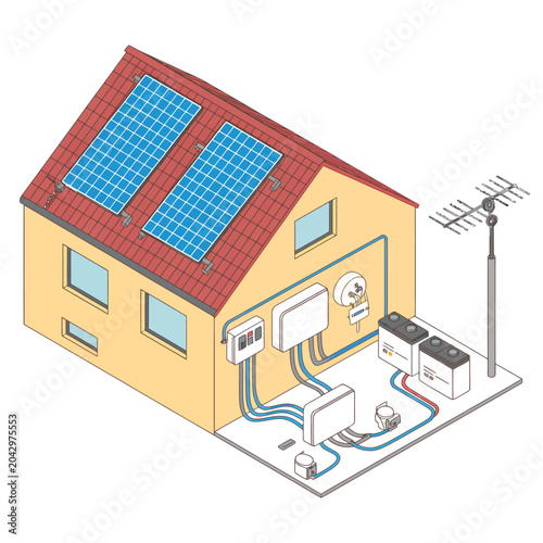 house with solar panels isometric vector roof