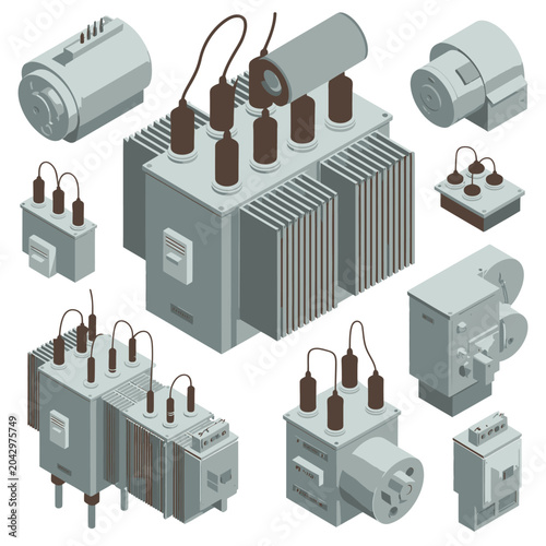 Isometric Illustration Of Electrical Transformers And Components Gray Scale