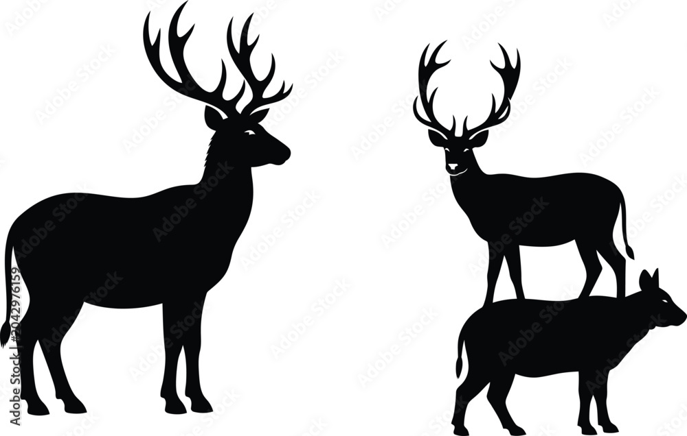 Naklejka premium Deer and Boar Silhouettes on White Background