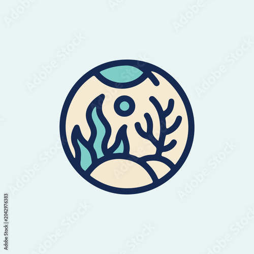 Ocean Conservation Icon with Marine Life and Waves in Minimalist Circular Design