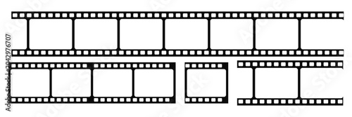Movie film strip vector illustration featuring blank cinema negative photo frame template in black solid silhouette
 style for video editing design.