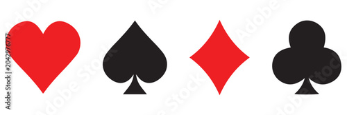 Playing cards suits vector icon pack featuring casino poker spades hearts clubs and
 diamonds symbols in black and red solid glyph styles.