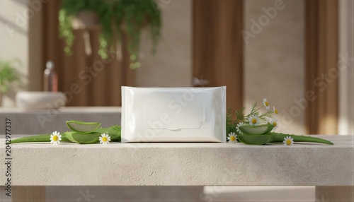White wet wipes pack on spa stone with fresh aloe and chamomile
