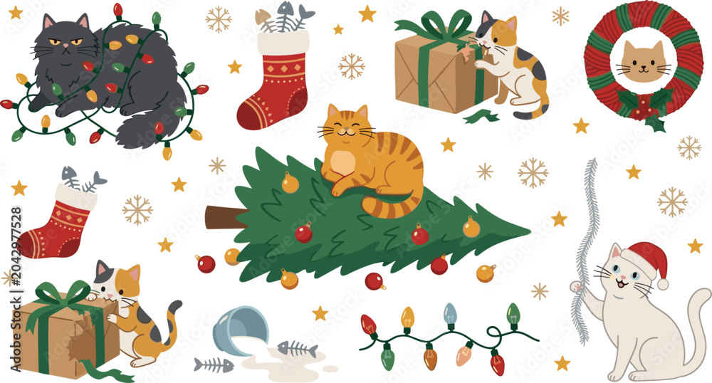 Fototapeta premium Cute Christmas Cat Collection Featuring Kittens with Holiday Lights Gifts Wreaths Santa Hat and Festive Winter Cartoon Elements