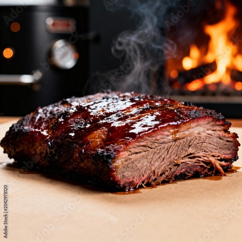 Hot Smoked Brisket With BBQ Glaze And Fire Background