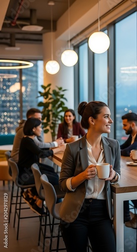 Woman enjoying coffee break in modern office with colleagues.